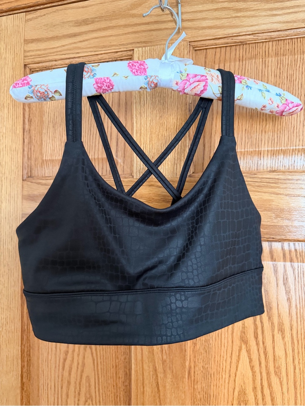 Marika Black Strappy Women's Sports Bra - Sleek Croc Texture